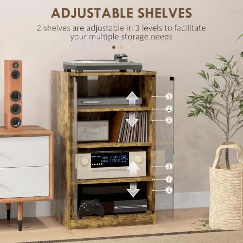 Large Rustic Brown Media Cabinet 4-Tier Glass Door Entertainment Storage