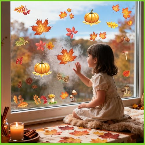 Afmivs Fall Window Clings Variation: Fall Window Clings 71pcs Maple Leaf & Pumpkin Decor for Classroom Office Home