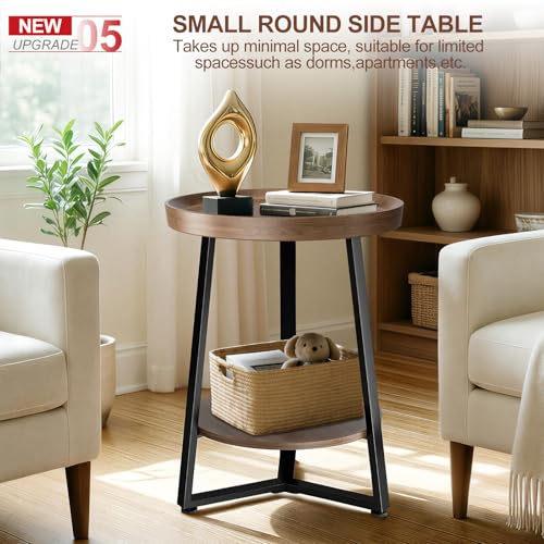 Walnut 2-Tier Round End Table with Storage Shelf, Child-Safe Tray Top, Modern Farmhouse Design, Small Space Couch Side Table