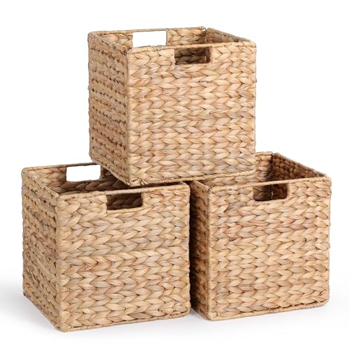 DINGTAI Water Hyacinth Storage Baskets - 12x12x12in Foldable Cubes for Shelves, Set of 3, Wicker Organizers for IKEA Kallax