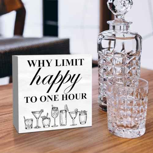 Bar Decor Wooden Box Sign, Home Kitchen Dining Room Drinking Bar Table Decor Cheers Bar Cart Cocktails Decoration, Bar Gifts for Women Men Couples, Limit Happy to One Hour