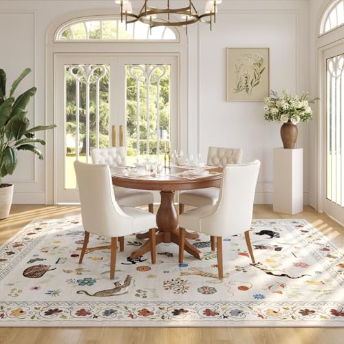 Large Washable Area Rug 8x10 Floral Animal Cat Design Non Slip Beige Variation of THIS listing