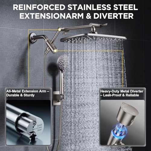 Veken 11.8-Inch Brushed Nickel Rainfall Shower Head with Handheld & Extension Arm - High Pressure