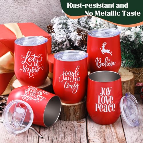 Uiifan 10 Pack 12oz Christmas Stainless Steel Tumbler Set with Lids & Straws - Red