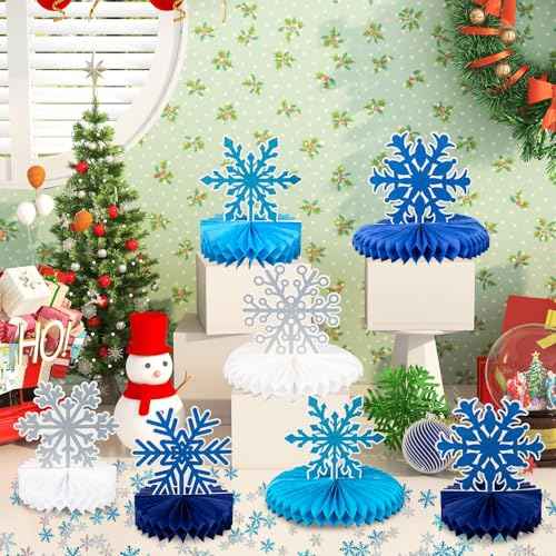 Frozen Winter Wonderland Party Decorations - 12pcs Blue White Snowflake Honeycomb Table Centerpieces and 600pcs Snowflake Confetti for Christmas Holiday Winter Birthday Baby Shower Party Supplies