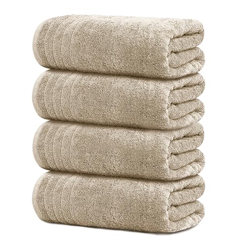 Extra Large Beige Bath Towels 4 Pack 30 x 60 Inches - Soft Cotton, Lightweight