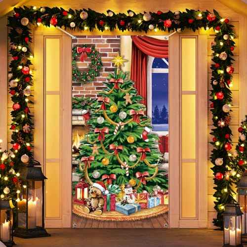 Tiamon Christmas Door Cover Decorations Merry Christmas Tree Door Cover Xmas Gifts Door Background Banner for Home Indoor Outdoor Winter Holiday Christmas Party Decor