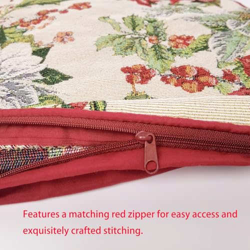 Ivory Christmas Poinsettia & Holly Throw Pillow Cover 18x18in with Red Piping
