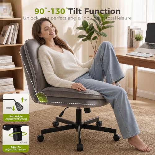 GTPLAYER Cross Legged Office Chair Dark Grey Velvet Oversized Armless Desk Chair with Wheels