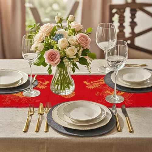 2 Pcs Chinese Dragon Printed Table Runner 13x72Inch China New Year Decorations Red Table Cover for Spring Festival Kitchen Dining Tables Decoration Asian Party Decoration