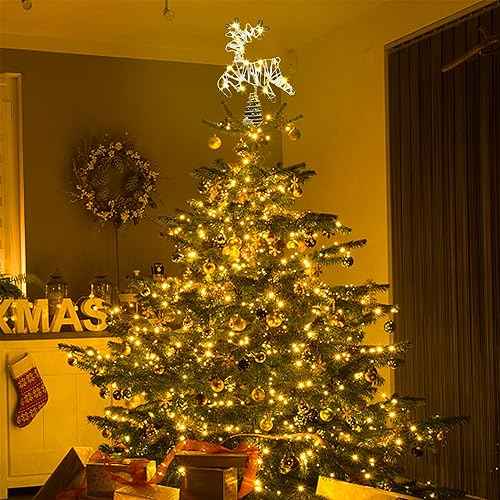Juegoal Lighted Reindeer Christmas Tree Topper, Metal Xmas Glitter Elk Treetop Ornaments with 30 LED Warm White Lights, Battery Powered Light up 2D Deer Christmas Tree Decorations, Golden