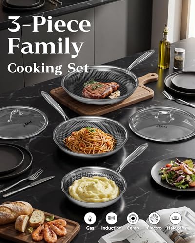 XBM Nonstick Frying Pan Set Silver-No Lid Honeycomb PFAS-Free All Cooktops