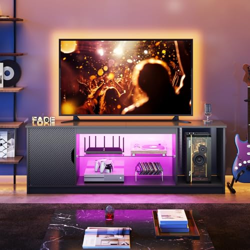 Bestier 57-Inch Black Carbon Fiber LED TV Stand with RGB Lighting & Adjustable Shelves
