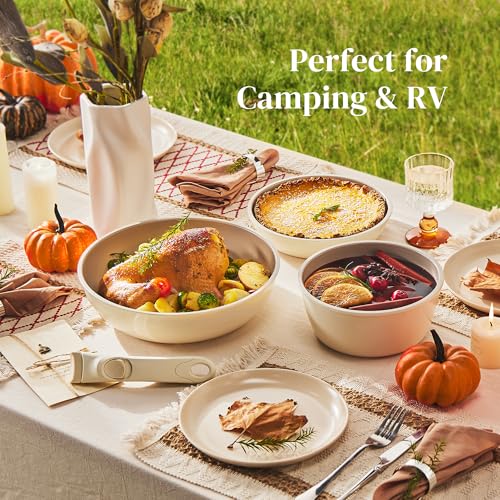 Redchef 16pcs Beige Ceramic Pots and Pans Set with Detachable Handles – Space-Saving Nonstick Cookware