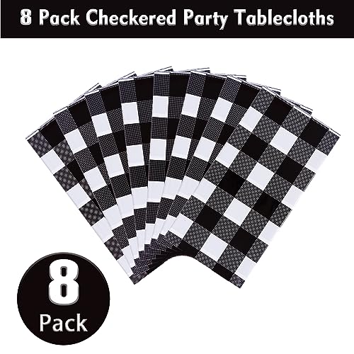 Kesfey 8 Packs Black Gingham Tablecloths 54 x 108 inch Black and White Checkered Tablecloth Black Checkered Picnic Tablecloth Disposable Plastic Plaid Table Cloth for Outdoor Buffet Halloween Party