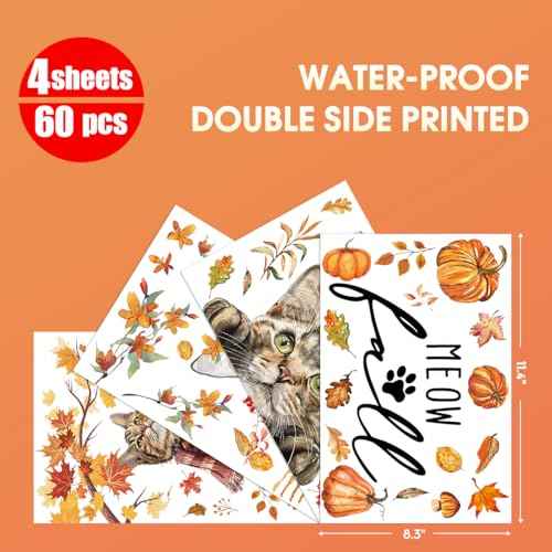 Horaldaily 60 PCS Fall Thanksgiving Window Cling Sticker, Pumpkin Leaves Cats Home Party Supplies Shop Window Glass Display Decoration
