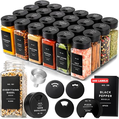 Glass Spice Jars Set with Labels & Black Lids - 24 x 4oz, Adjustable Opening