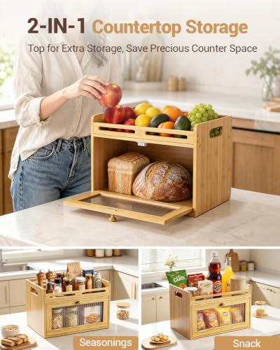 Coiesol Bamboo 1-Tier Bread Box with Top Shelf for Kitchen Countertop Storage