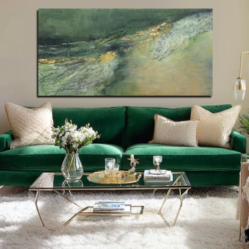 Dark Green Green Gold Abstract Wall Art Canvas Print 24x48 Inch for Living Room