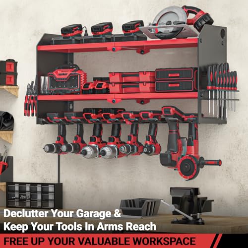 Power Tool Organizer with Charging Station Wall Mount - Surge Protected Rack, Red Variation of with Power Strip