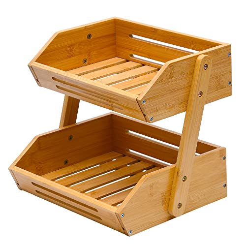 VIKEYHOME 2-Tier Natural Bamboo Fruit Basket Stand - 11" Countertop Organizer