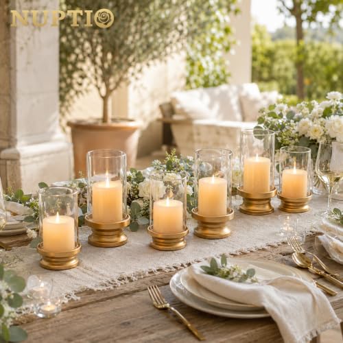 NUPTIO Matte Gold Hurricane Candle Holders Set of 2 - Pillar Candle Decor, Open-End Design, Small & Large Sizes