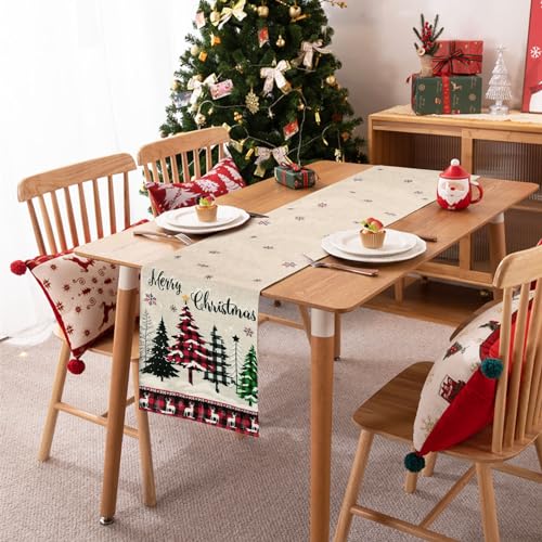 Bonhause Merry Christmas Trees Buffalo Plaid Table Runner 13x90in - Snowflake Deer Seasonal Holiday Decor
