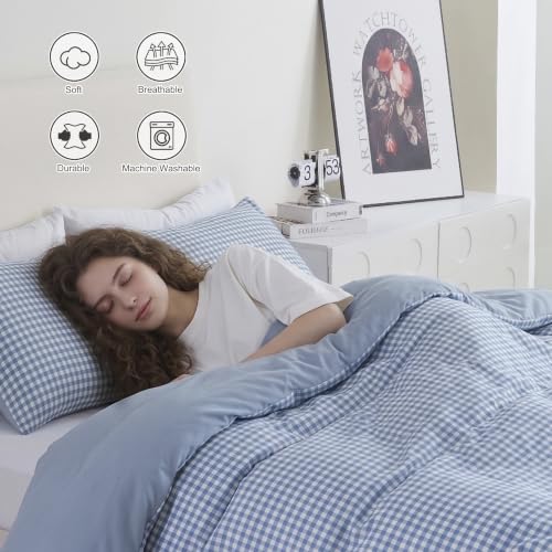 Queen Comforter Set - Blue Gingham Reversible Bedding 3 Pieces