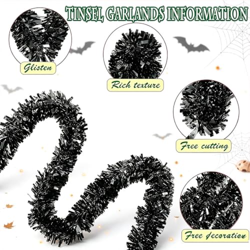 Psoeksdo 33Ft Black Christmas Tinsel Garland Metallic Twist for Indoor Outdoor Decor