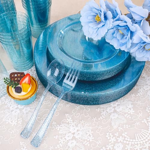 Rubtlamp 180Pcs Blue Glitter Disposable Dinnerware Set for 30 Guests — Plates, Cups & Silverware