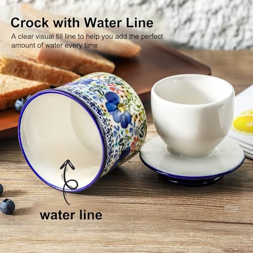 Blue Lily Ceramic Butter Crock with Lid - French Style Countertop Butter Keeper