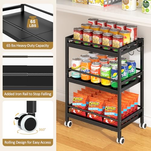 Black 3-Tier Expandable Rolling Pantry Organizer with Hooks — Kitchen Storage Cart