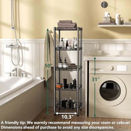 Adjustable 5-Tier Metal Wire Shelving Unit - Black, Narrow Storage Rack