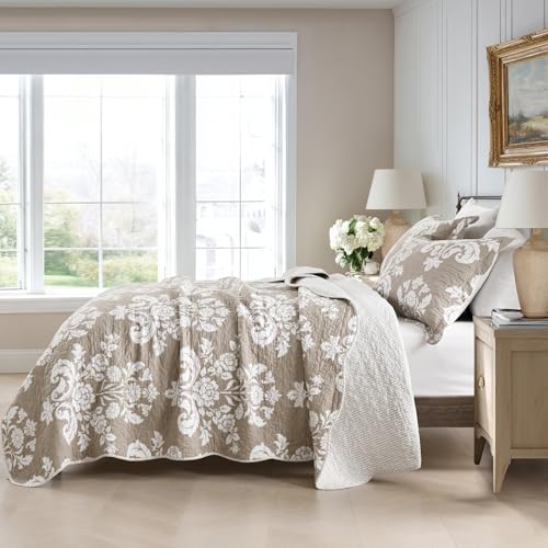 Queen Reversible Cotton Quilt Set Farmhouse Tan Taupe 90x98 Bedding