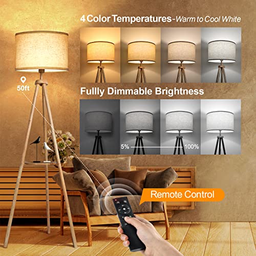 Wood Tripod Floor Lamp with Shelves - Mid Century Dimmable Standing Lamp with Remote Control and 4 Color Temperatures