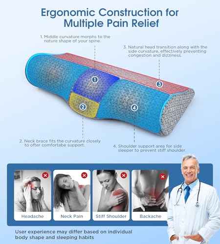 Grey Cervical Neck Pillow for Pain Relief Memory Foam Support - Travel & Office