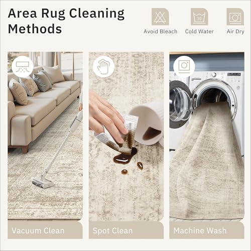 Beige 5x7 Area Rug - Washable Low-Pile Geometric Faded Style Non-Slip Home Decor