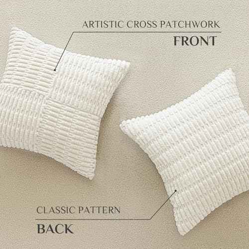 Softalker 18x18 Throw Pillow Covers Cream, Set of 2 Soft Corduroy Boho Textured Modern Pillow Cases, Decorative Cushion Covers for Couch Patio Living Room Sofa Christmas Thanksgiving, Beige