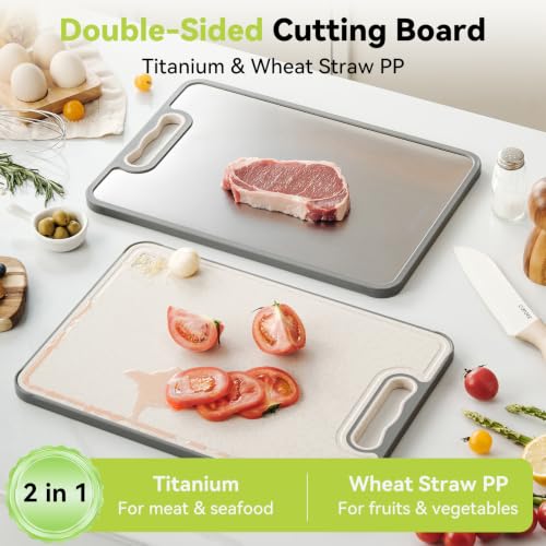 Set of 3 Double-Sided Titanium & Wheat Straw Cutting Boards - 15x10.4, 12x8.3, 17.4x12 Inches