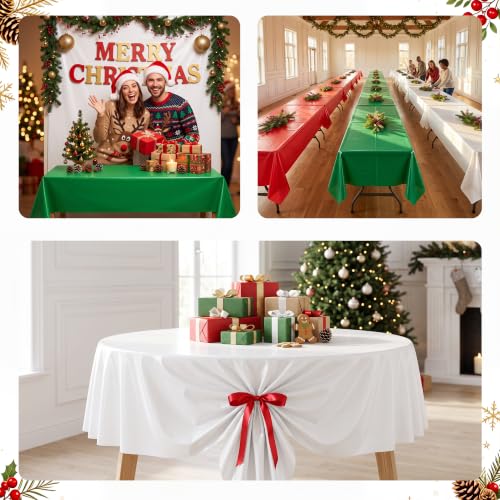 Christmas Plastic Tablecloth Roll 100FT x 54IN - White Red Green with Cutter Box
