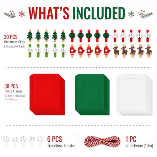 Christmas Photo Frame Set with 30 Wooden Clips, Twine & Hooks – 4x6 Frames (Variation: Christmas) by Zplontya