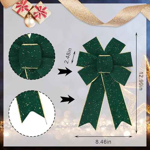 2 Pieces Christmas Green Velvet Bows for Wreath, Xmas Wreath Bows Winter Holiday Craft Tree Topper Bows for Front Door Christmas Party Decorations