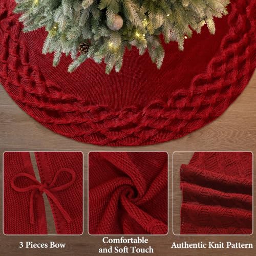 TOCHGREEN Red Knitted Christmas Tree Skirt 48 inches Chunky Knit