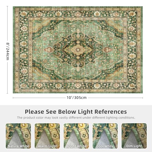 Deerly Green Border 8x10 Area Rug for Living Room & Bedroom Washable Boho Carpet