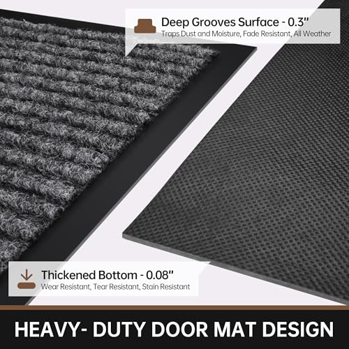 3' x 5' Heavy Duty Indoor Outdoor Doormat - Gray Stripe Non-Slip Rug