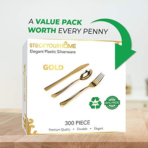 Gold Disposable Cutlery Set - 300-Pack Heavy Duty Plastic Forks, Knives, Spoons for Parties & Events - Variation of THIS listing