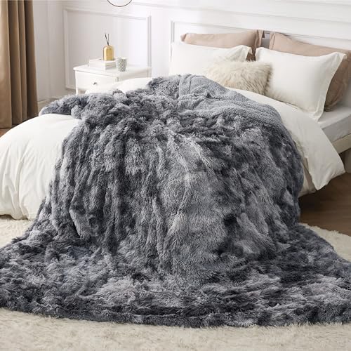 Bedsure Faux Fur Fluffy Sherpa Queen Bed Blanket Tie Dye Grey 90x90