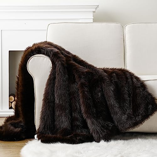BATTILO HOME Faux Fur Throw Blanket, Luxury Fluffy Brown Blankets,