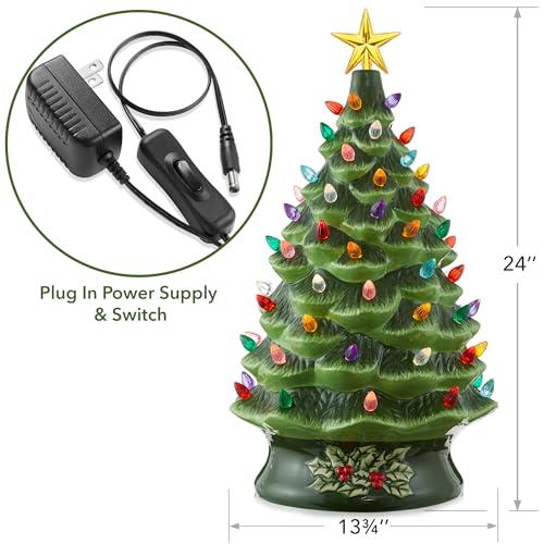 Casafield Hand Painted Ceramic Christmas Tree - Green 24-Inch Pre-Lit Holiday Decor with 148 Multi-Color Lights & 2 Star Toppers