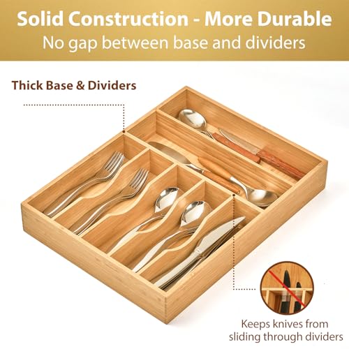 17-Inch Bamboo Drawer Organizer with 7 Slots - Extra Deep Utensil Tray for Flatware & Knives